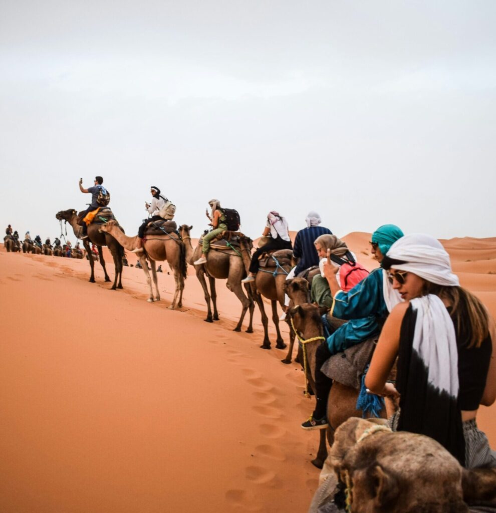 camel trekking group in Merzouga Sahara desert Morocco tour