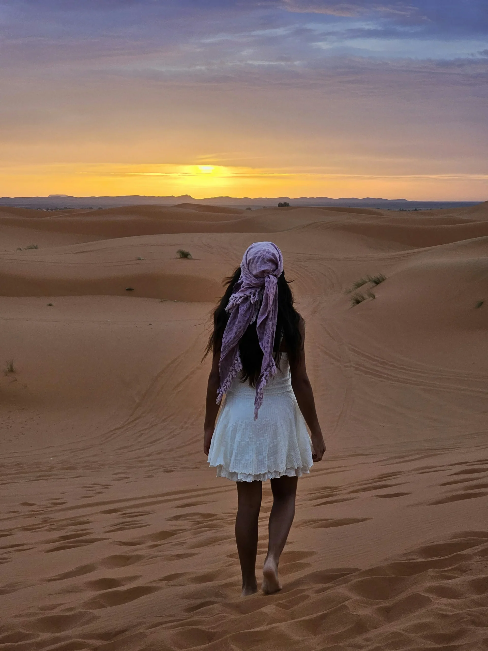 sunset walk in sahara desert merzouga morocco